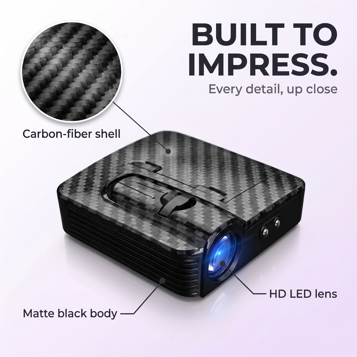Carbon-fiber shell, matte black body and HD LED lens